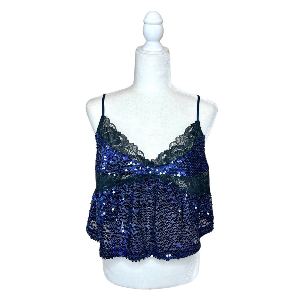 Free People Right Rhythm Sequin Lace Cami Top Size Large Blue Midnight Combo NWT